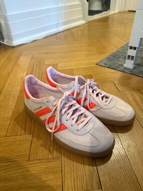 adidas spezial Light Pink Suede Sneakers with Neon Orange Stripes